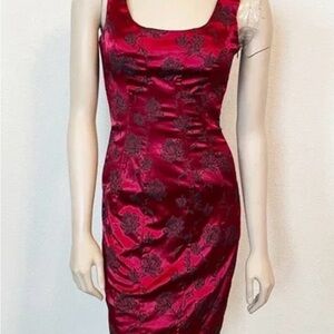 Moda International Burgundy Satin  Floral Print Midi Dress